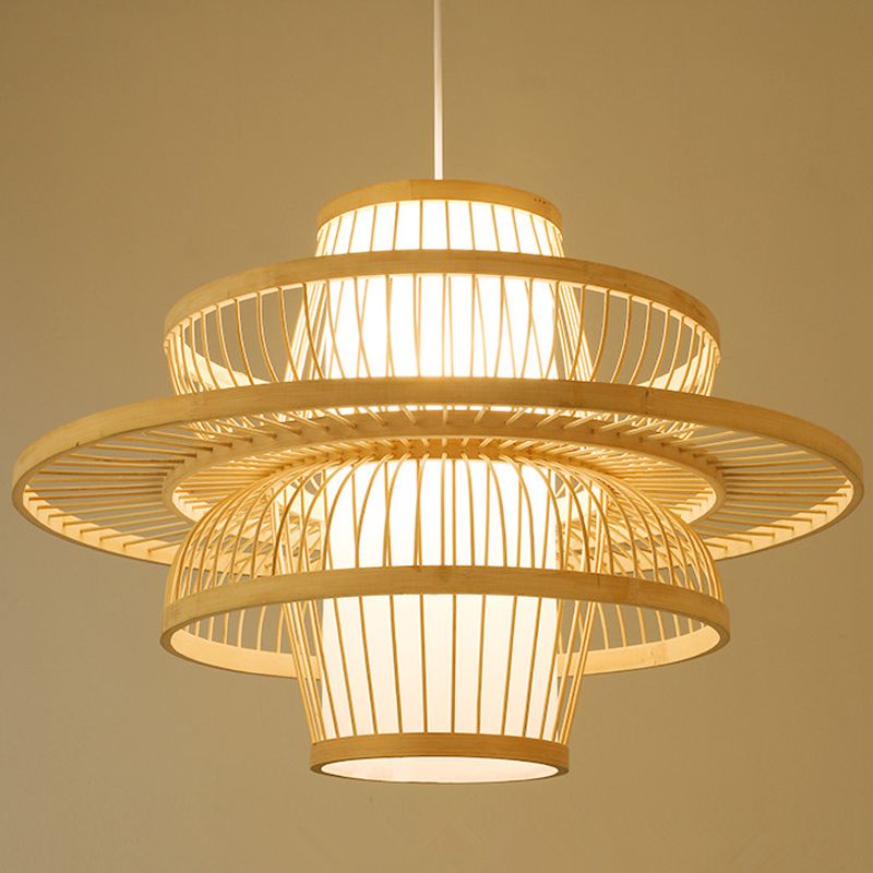 Asian Pendant Lighting Fixture 1-Light Beige Suspension Pendant Light with Rattan Shade