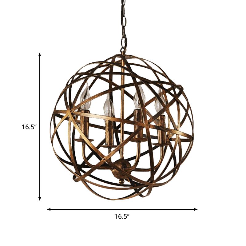 4 Lights Globe Cage Pendant Chandelier Factory Bronze Metal Ceiling Lighting Fixture for Restaurant