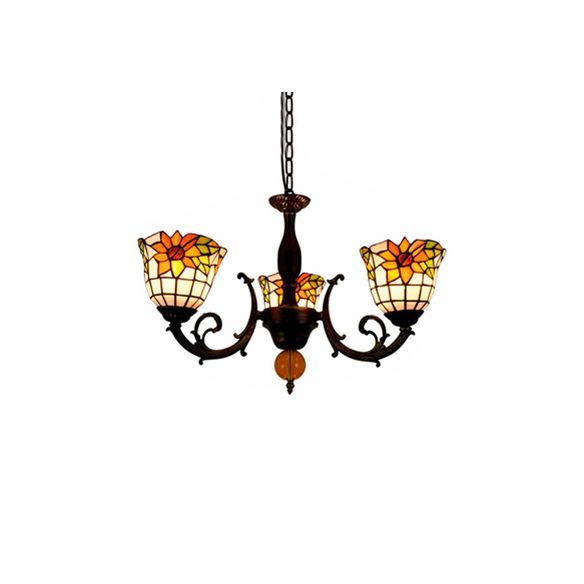 Bell Shade Chandelier Light Industrial Vintage Stained Glass 3 Lights Sunflower Inverted Chandelier