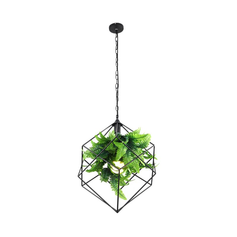 16.5"/19.5" W 1 Head Metal Pendant Lamp Antique Black Geometric Restaurant LED Down Lighting with Plant