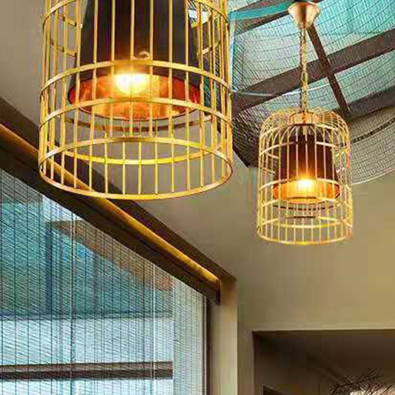 Gold Plated Birdcage Hanging Lamp Country Metal 1 Bulb Restaurant Ceiling Light with Cone Shade