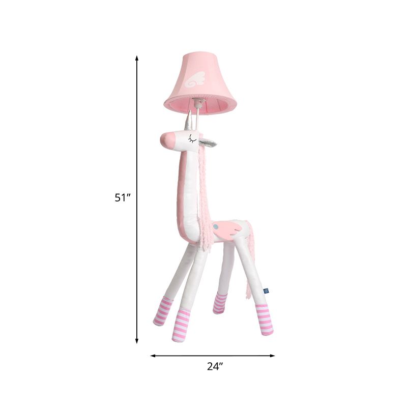 Cartoon Plush Unicorn Floor Lighting Fabric 1 Head Kids Bedroom Standing Lamp with Bell Shade in Pink