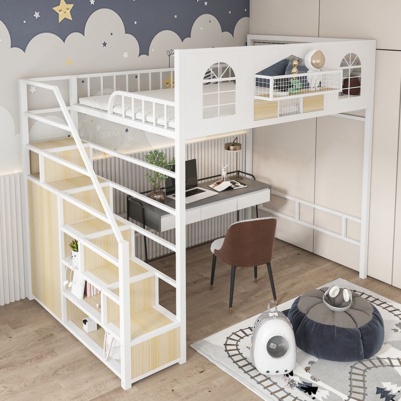 Contemporary Iron Frame Loft Bed with Guardrails and Staircase/Built-In Ladder