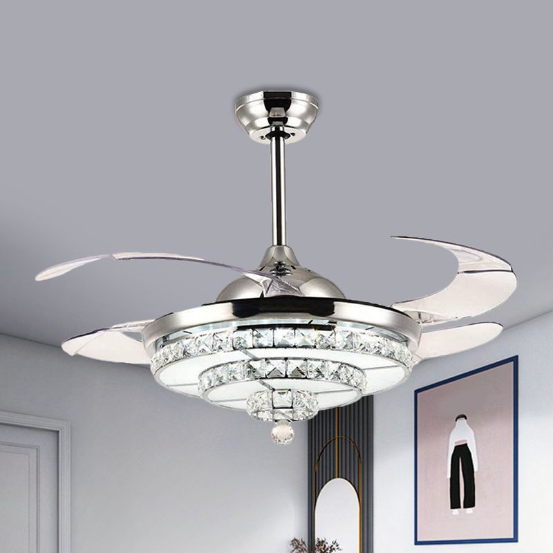 4-Blade Chrome LED Tiered Semi Flush Contemporary Crystal Block Ceiling Fan Lighting Fixture, 19" Wide