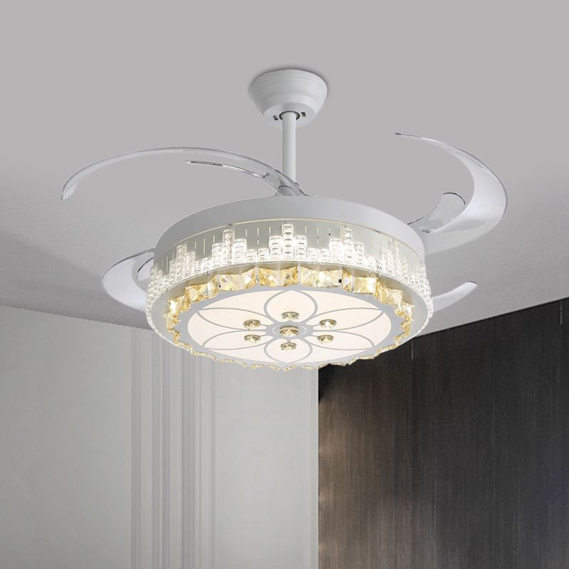 4 Blades LED Pendant Fan Lamp Contemporary Circular Clear Crystal Blocks Semi Flush Mount, 19" Width