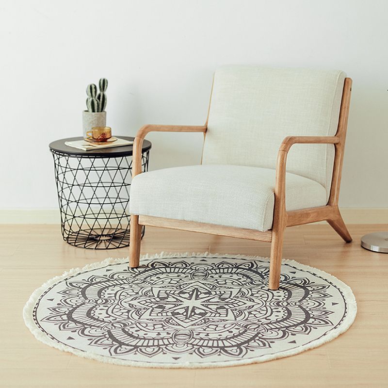 Simple Area Rug Tribal Print Round Carpet Washable Cotton Blend Rug with Fringe