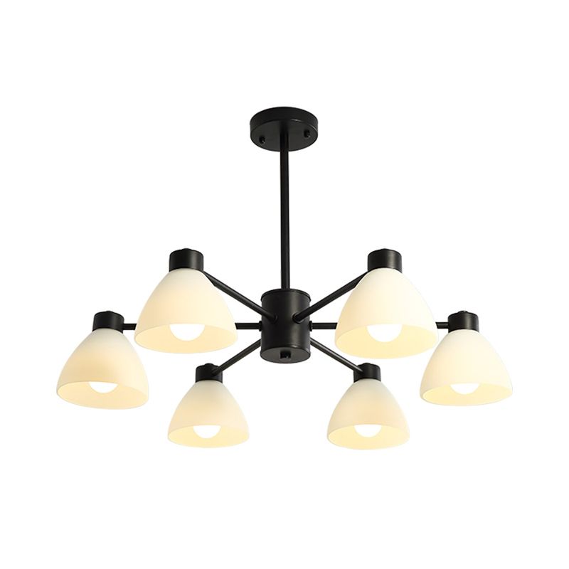 6/8/12-Head Dining Room Suspension Light Modern Style Black Finish Chandelier Lamp with Dome White Glass Shade