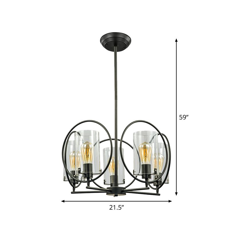 Cylinder Parlor Suspension Pendant Farmhouse Clear Glass 5 Lights Black Chandelier with Hoop Design