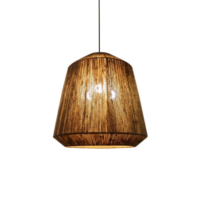 Rustic Barrel Hemp Rope Hanging Light 1-Light Ceiling Pendant Light in Grey for Restaurant Living Room