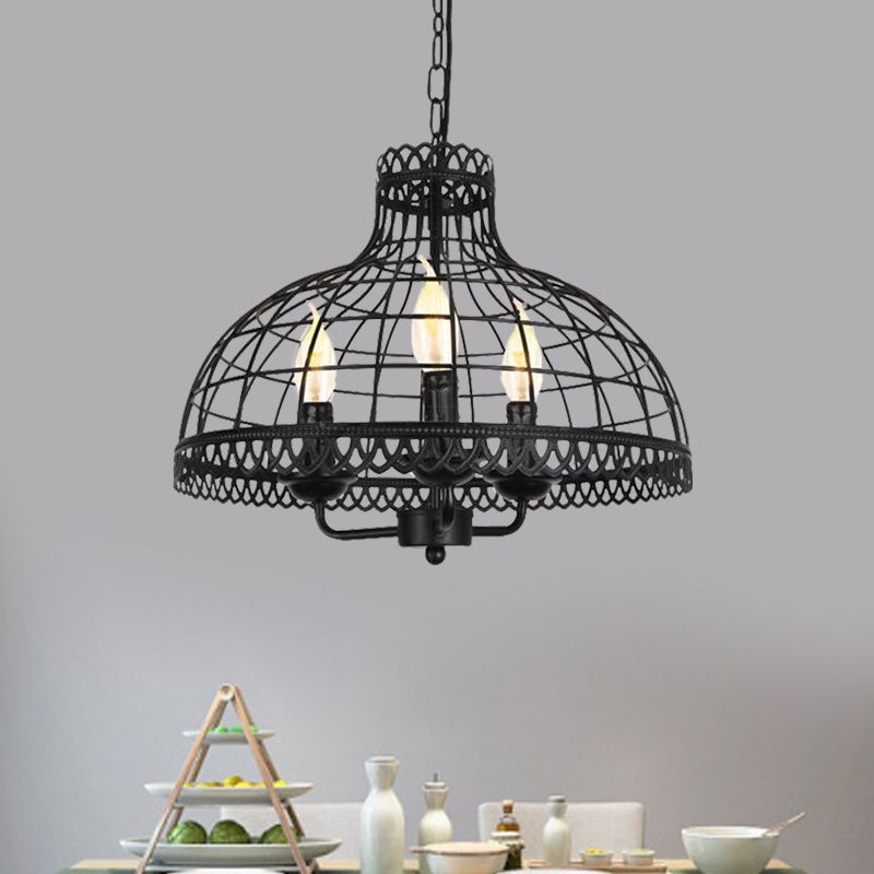 Metallic Dome Cage Shade Ceiling Lamp Industrial Retro 3 Heads Farmhouse Candle Ceiling Fixture in Black