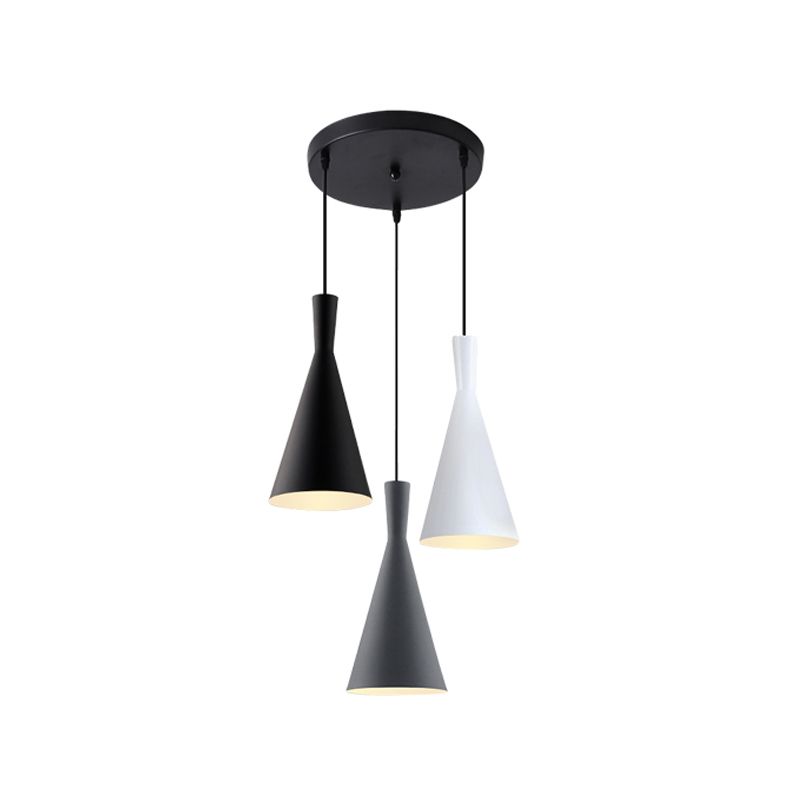 Cluster Funnel Pendant Light Nordic Aluminum 3 Heads Black-Grey-White Suspension Lighting with Round/Linear Canopy