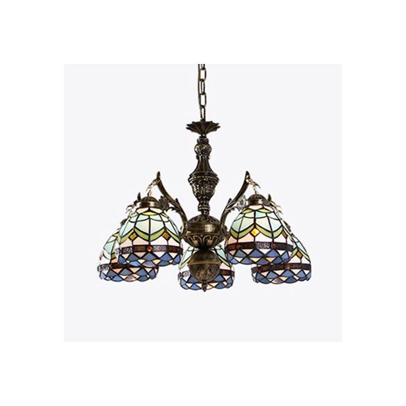 Baroque Dome Suspended Light 5 Lights Stained Glass Chandelier Lamp in Blue for Living Room