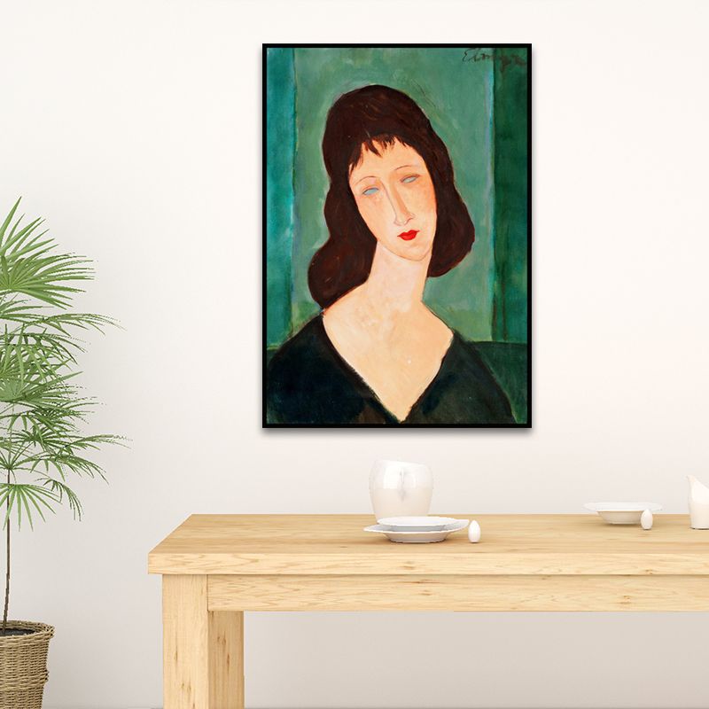 Textured Woman Portrait Wall Art Print Traditional Canvas Painting in Black and Green