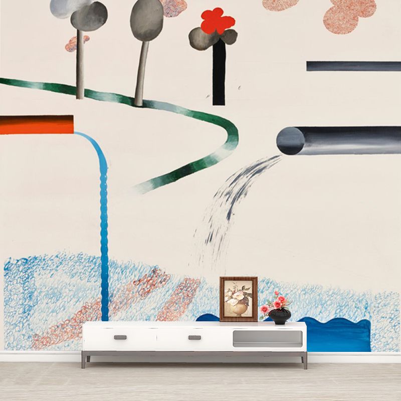 Blue-Brown Pool Painting Mural Water Resistant Art Deco Living Room Wall Covering