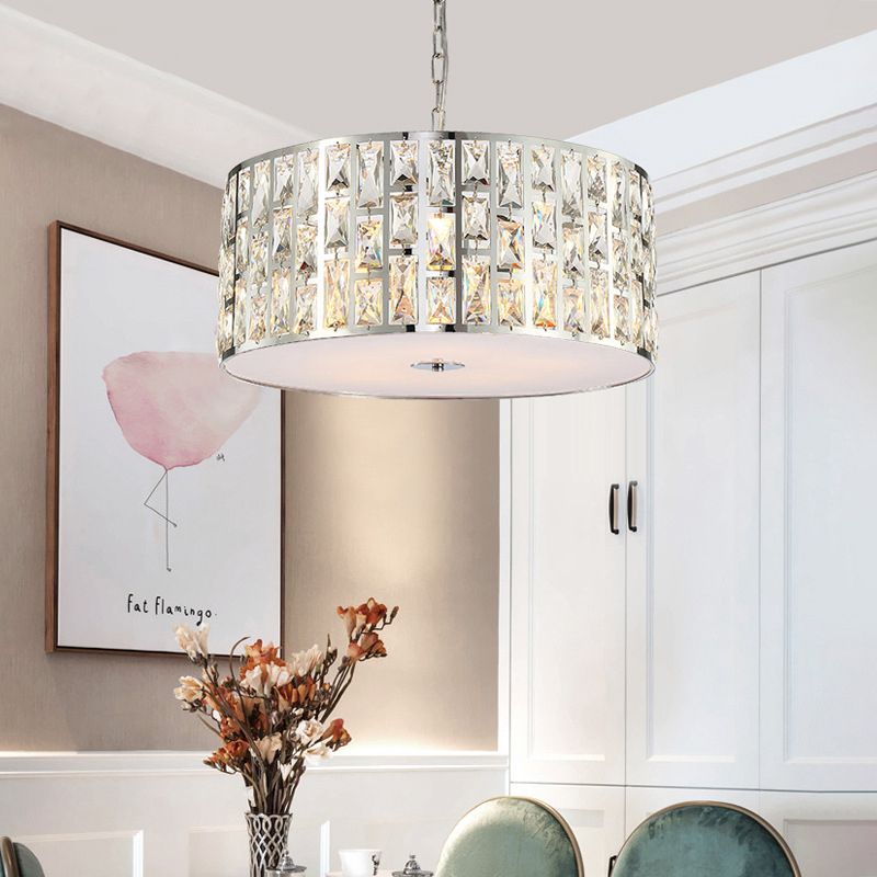 Clear Crystal Drum Chandelier Light Contemporary Pendant Lamp with Metal Chain in Chrome for Bedroom