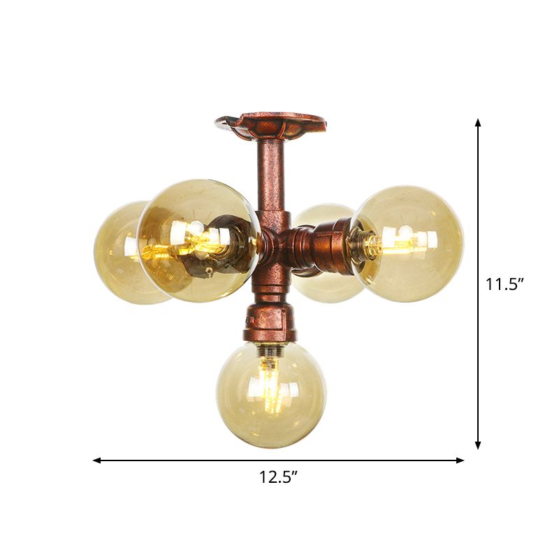 Farmhouse Global Semi Mount Lighting 4/5/6-Light Amber Glass LED Flush Lamp Fixture in Copper