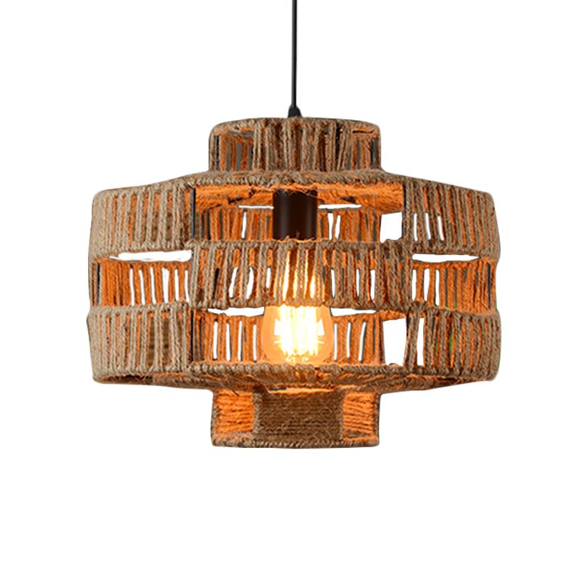 1 Light Drum Frame Ceiling Light Fixture Vintage Beige Rope Pendant Lamp for Restaurant