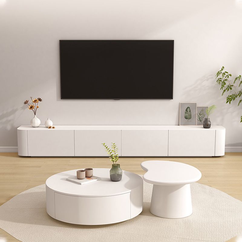 White Faux Wood Media Console Contemporary TV Stand Console with Drawers