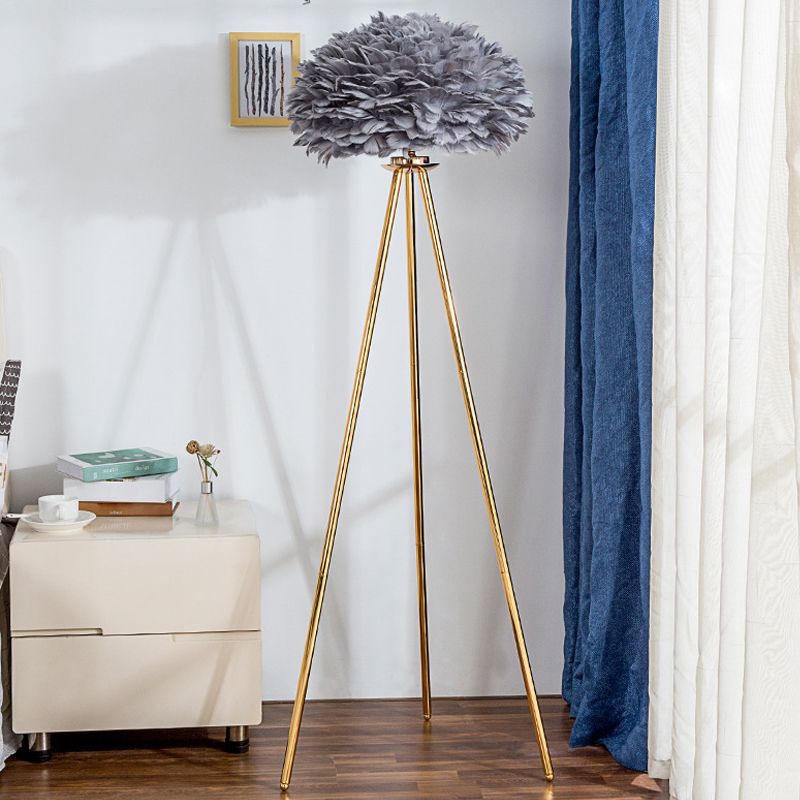 Dome Feather Floor Lamp Minimalist Single Grey/White/Pink Floor Light with Black/White/Gold Tripod for Bedroom