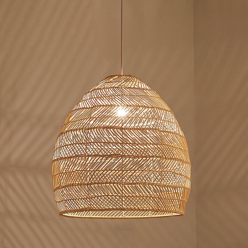 Rattan Bell Shaped Pendant Asian Style 1-Light Hanging Light Fixture for Tearoom