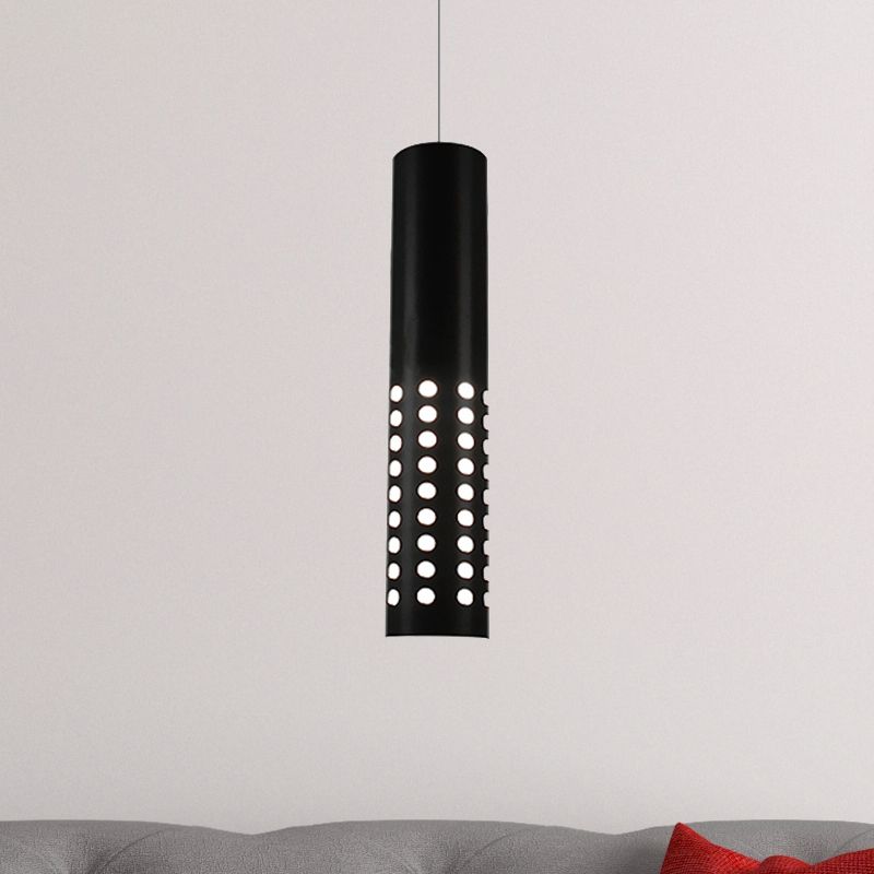 Modern Cylinder Suspension Light with Circle Cut-Outs Metal 1 Light Black Pendant Light Fixture for Living Room in Warm/White