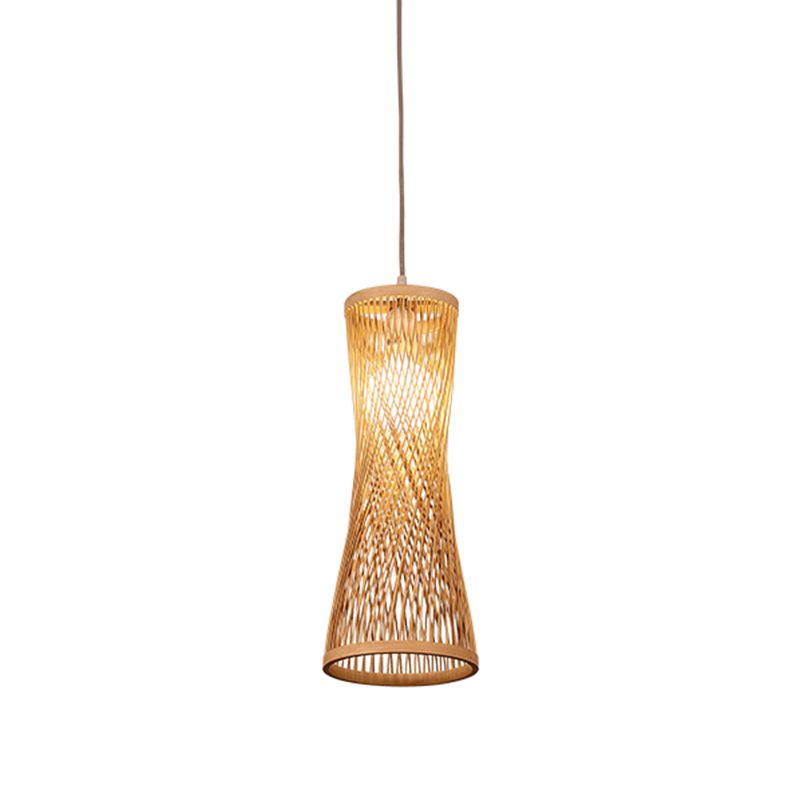 Wide Flare Ceiling Lamp Asian Bamboo 1 Bulb Beige Suspended Lighting Fixture, 6"/6.5" Wide