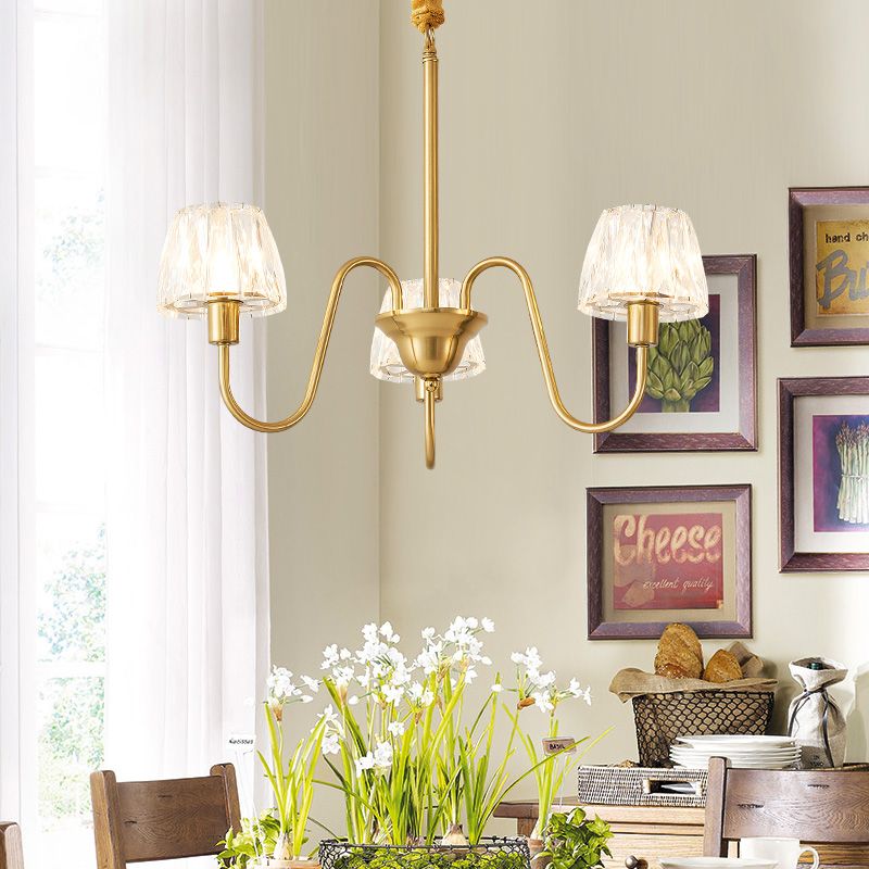 Brushed Brass Cone Hanging Ceiling Light Modern Crystal 3/6/8 Lights Suspension Light with Curved Arm