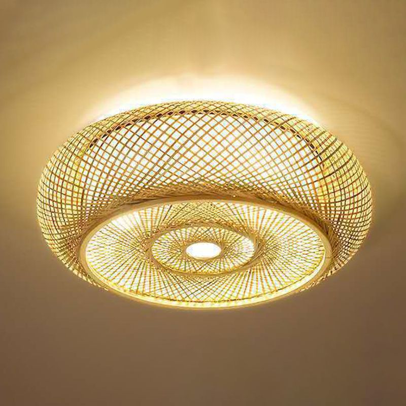 Curved Drum Flush Mount Ceiling Light 3 Lights Rattan Japanese Flush Mount Ceiling Light for Living Room