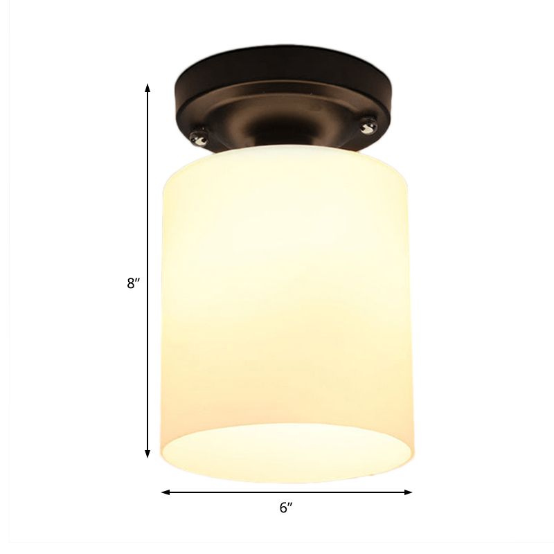 Black One Light Ceiling Mount Industrial Milky Glass Cylinder Semi Flush Light for Corridor