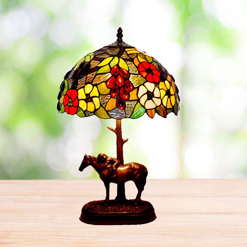 Painted Morning Glory Table Light Single Stained Art Glass Tiffany Nightstand Lamp with Horse Decor in Coffee