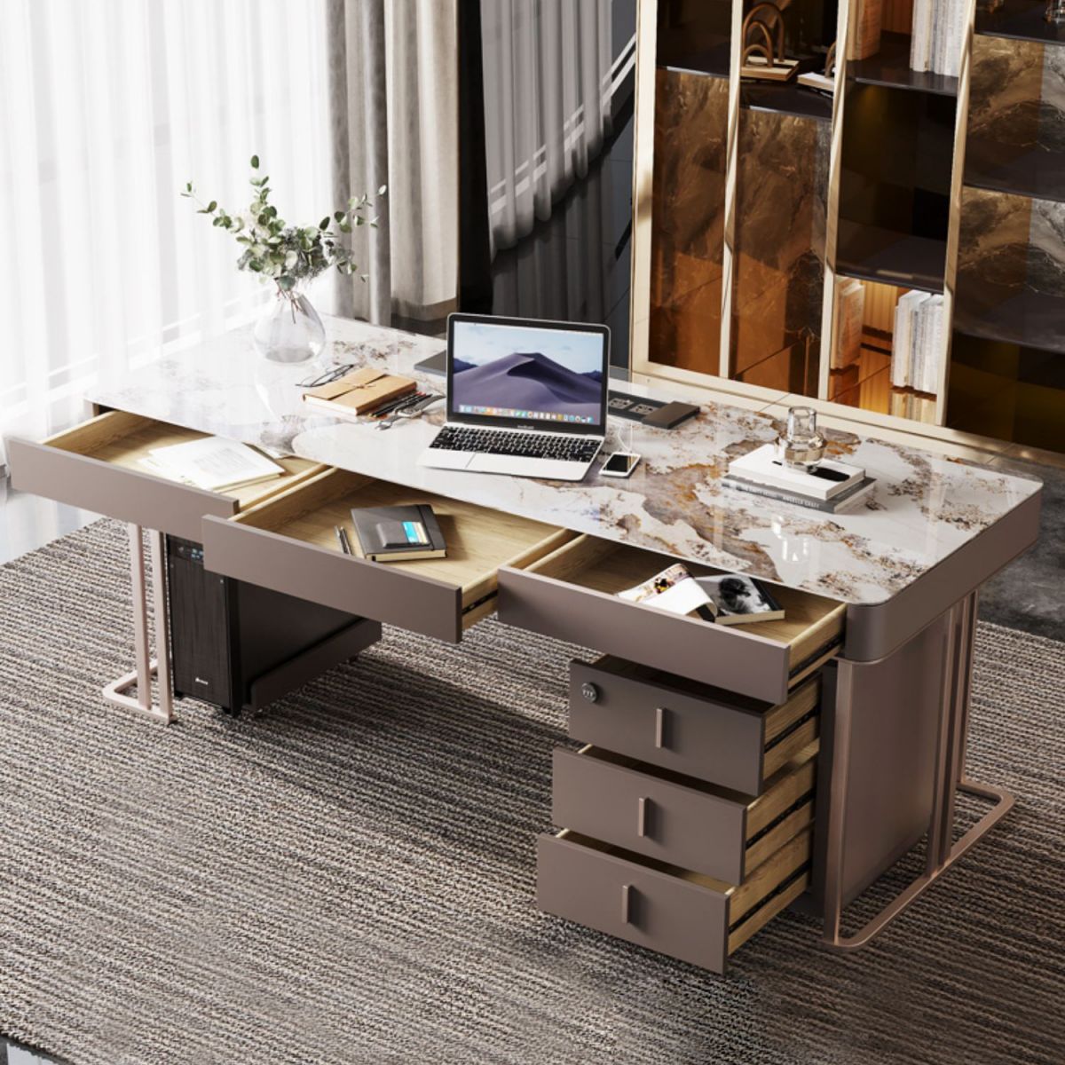 Glam Curved Writing Desk Cable Management Office Desk with 3 drawers