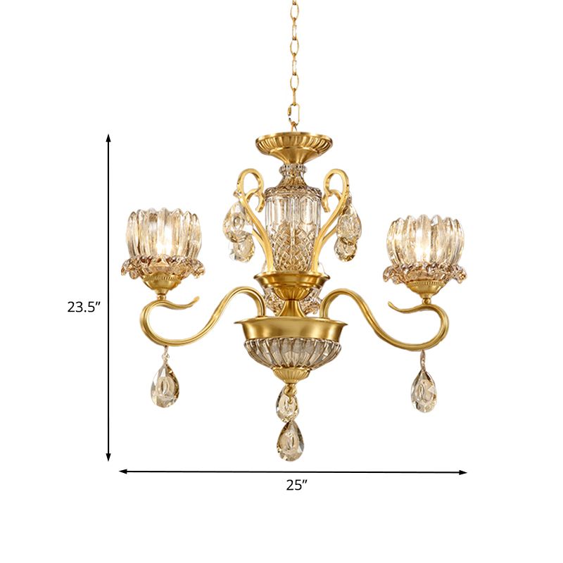 Beveled Glass Crystal Gold Suspended Light Lotus 3-Bulb Modernism Chandelier Light Fixture with Droplet