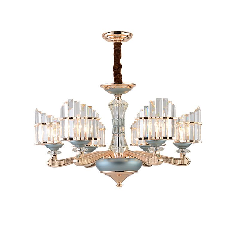 Crystal Block Arced Panel Chandelier Contemporary 6 Bulbs Gold Pendulum Light with Blue Ceramics Detail