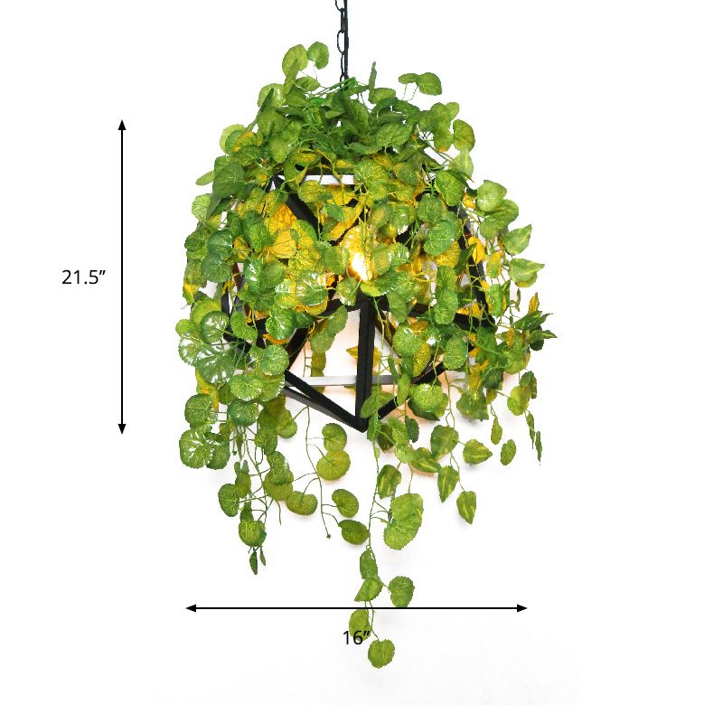 Suspension noire en métal Pendre Light Cadre géométrique 1 Entrepôt léger Lampe suspendue avec décoration végétale