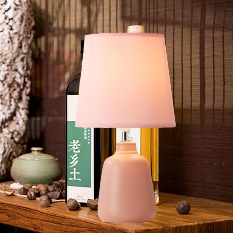 1-Light Smart Night Table Light Simple Jar Shaped Ceramic Nightstand Lamp with Tapered Fabric Shade in Pink/Green