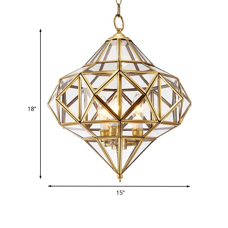 Lampada geometrica in vetro trasparente retrò 3 lampadine a ciondolo in ottone per la camera da letto