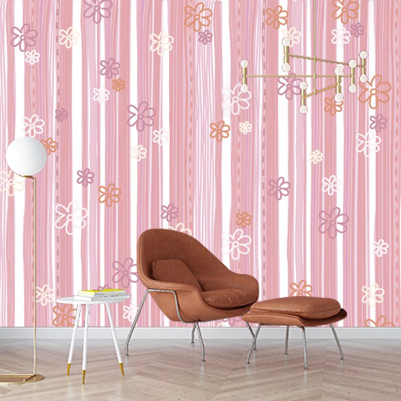 Cartoon Flower Striped Wall Murals Pink Water-Proof Wall Covering for Kids Bedroom