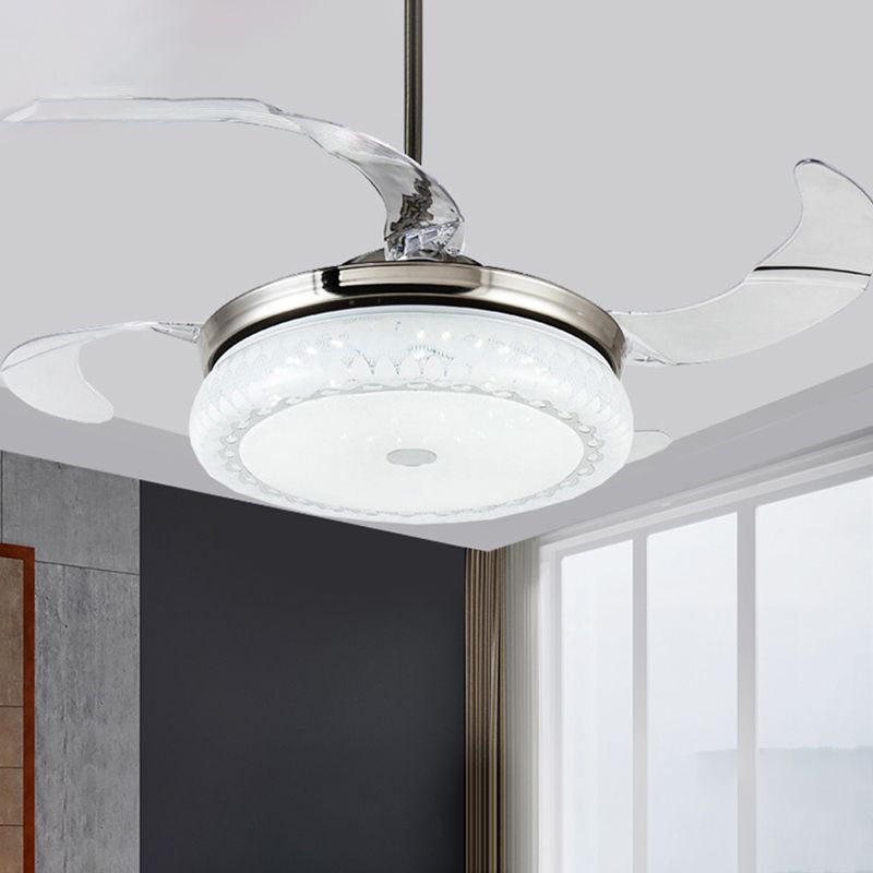 Silver LED Ceiling Fan Lamp Modernism Acrylic Circular Semi Flush Mount with 4 Clear Blades for Living Room, 36"/42" Wide