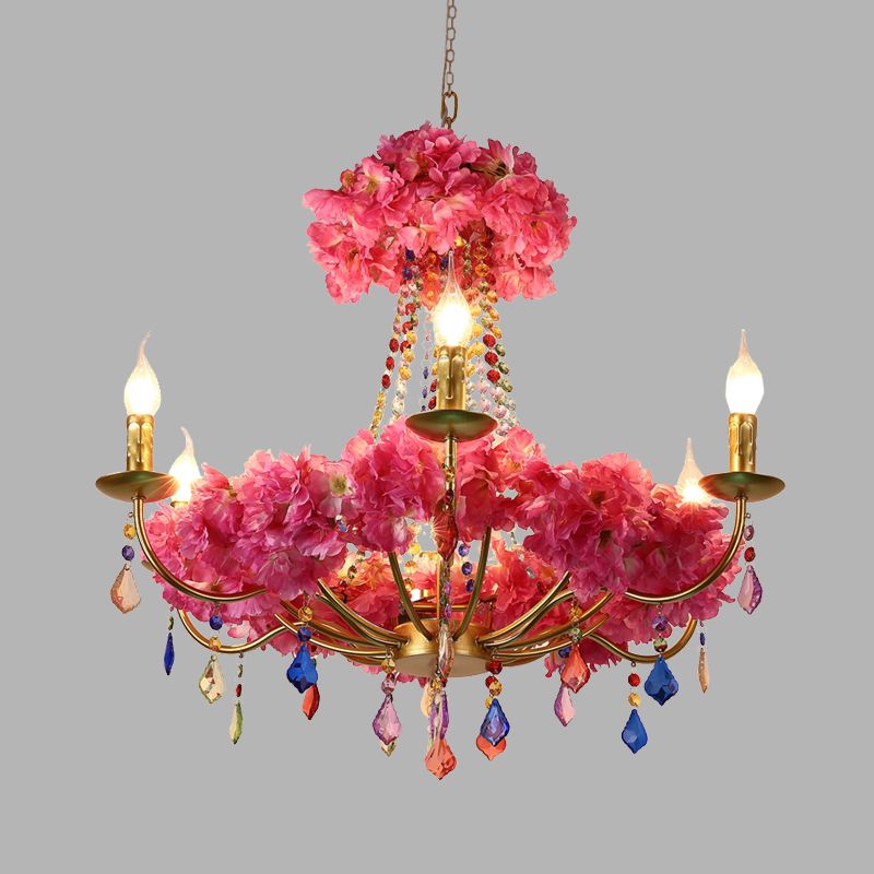 Metal Pink Flower Chandelier Lamp Candelabra 6 Bulbs Antique LED Hanging Ceiling Light with Dangling Crystal