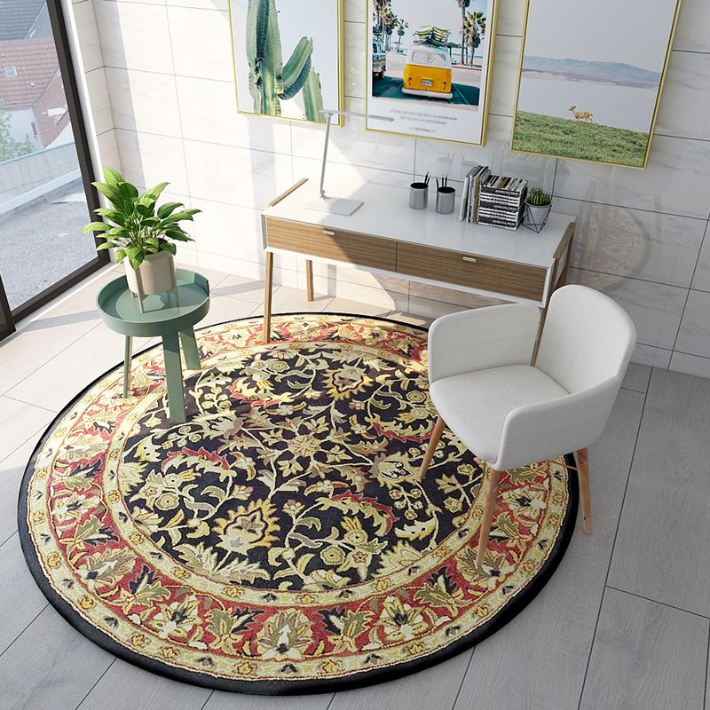 Round Yellow Tone Traditional Indoor Rug Polyester Floral Print Rug Non-Slip Backing Indoor Rug for Living Room