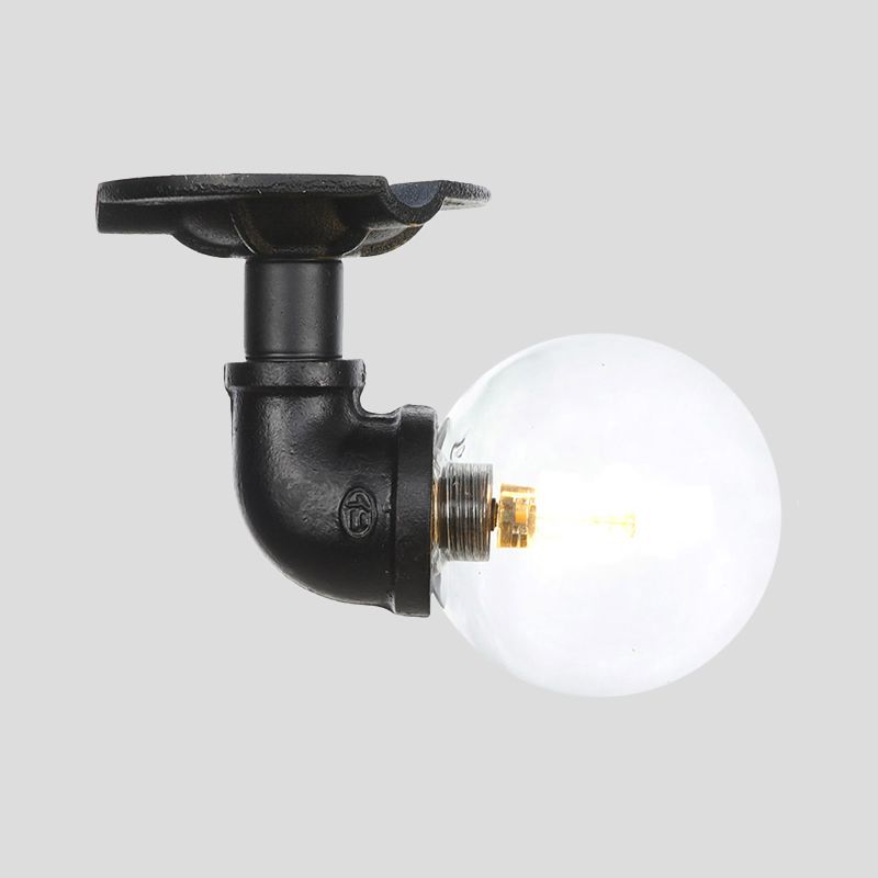 Clear Glass Ball Semi Flushmount Vintage 1 Head Hallway LED Ceiling Flush Mount in Black