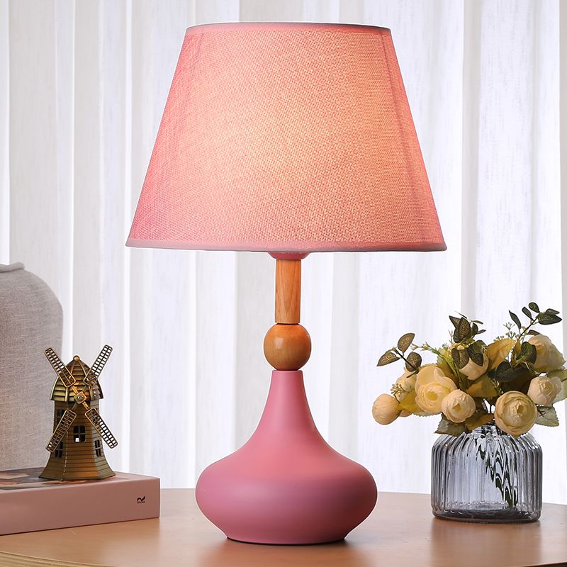 Barrel Task Lighting Macaron Fabric 1 Head Grey/Pink/Blue Night Table Light with Metallic Vase Base