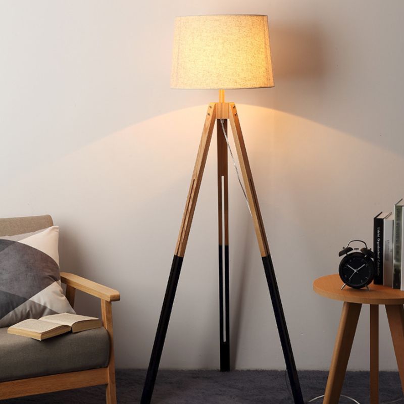 3-Legged Drum Shade Floor Light Modern Fabric 1 Bulb Black/White and Wood Floor Standing Lamp for Living Room