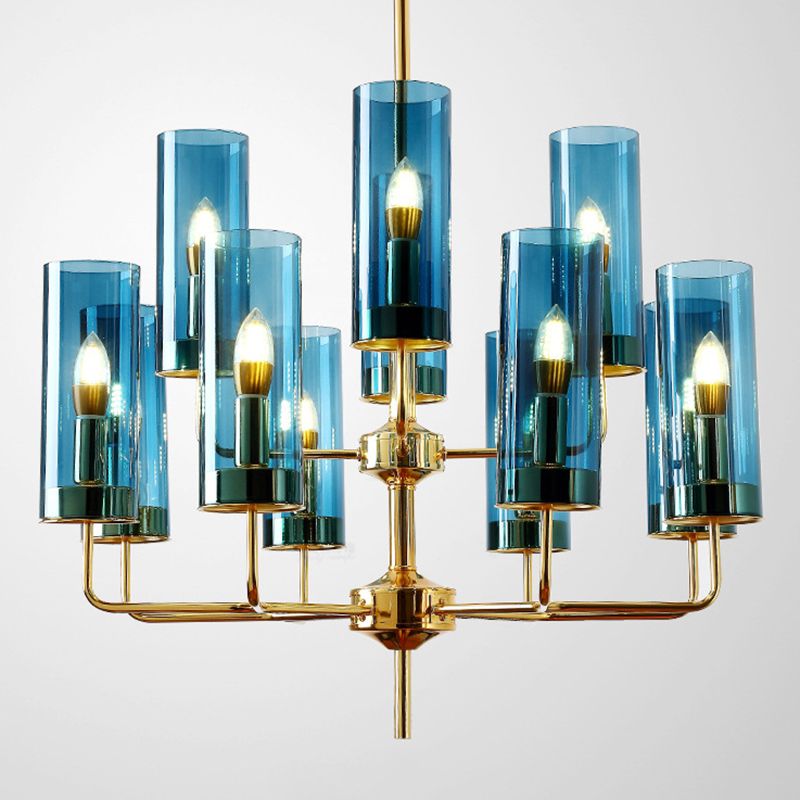 Post-modern Style Chandelier Cylindrical Glass Shade Simplicity Home Decorative Hanging Light in Electroplated Gold