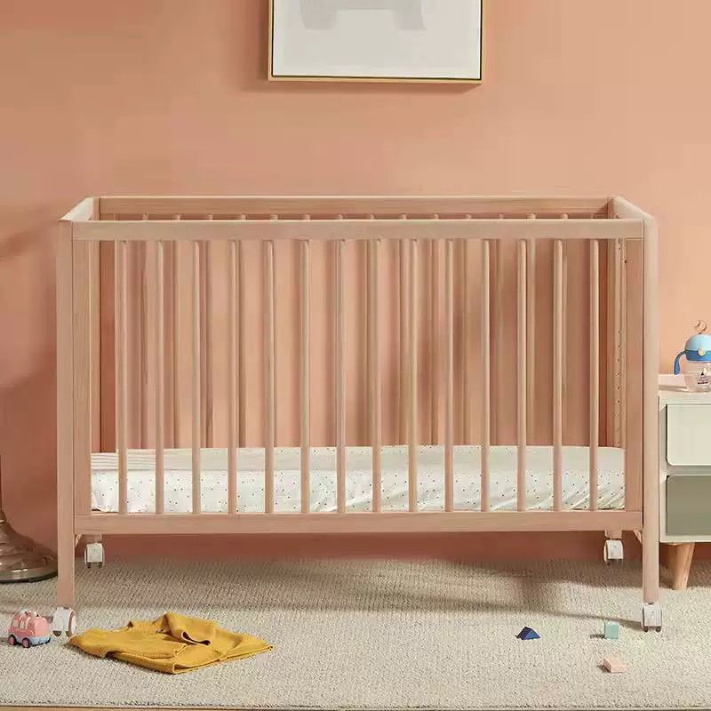 Farmhouse / Country Crib with Casters/Wheels Beech Light Wood Nursery Crib