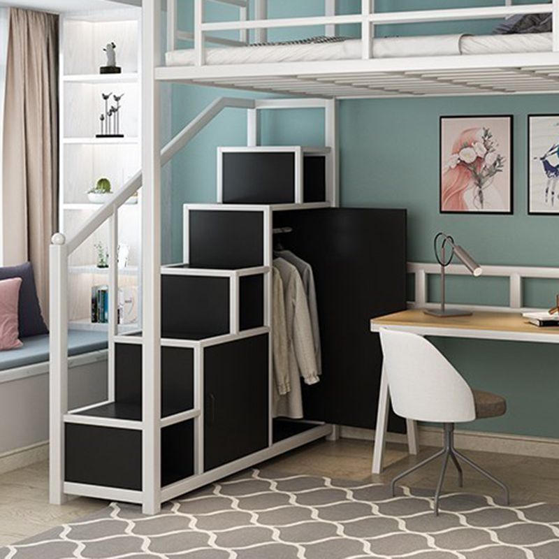 Industrial Metal Loft Bed with Storage Staircase Loft Bed in Black/White