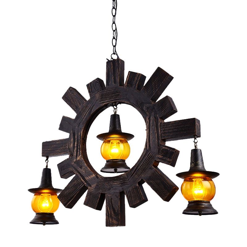 Amber Glass Black Chandelier Light Kerosene 3 Lights Factory Ceiling Hang Fixture for Living Room