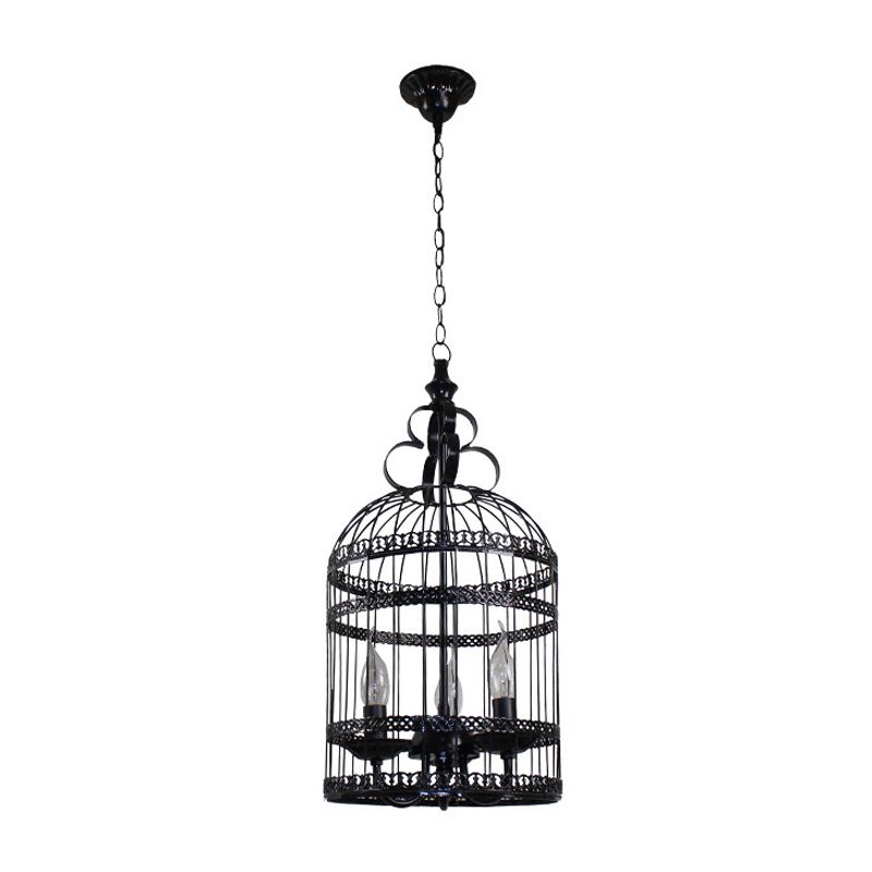 3/6 Bulbs Bird Cage Hanging Light with Candle Creative Industrial Style Black Metallic Chandelier Lamp for Bedroom