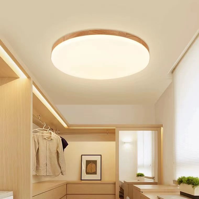 Modernism Single Beige Flush Mount Lighting Wooden Round LED Ceiling Light