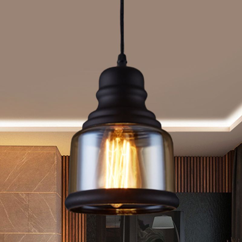 Industrial Jar-Shape Pendant Light Kit 1 Head Clear Glass Ceiling Hang Fixture in Black